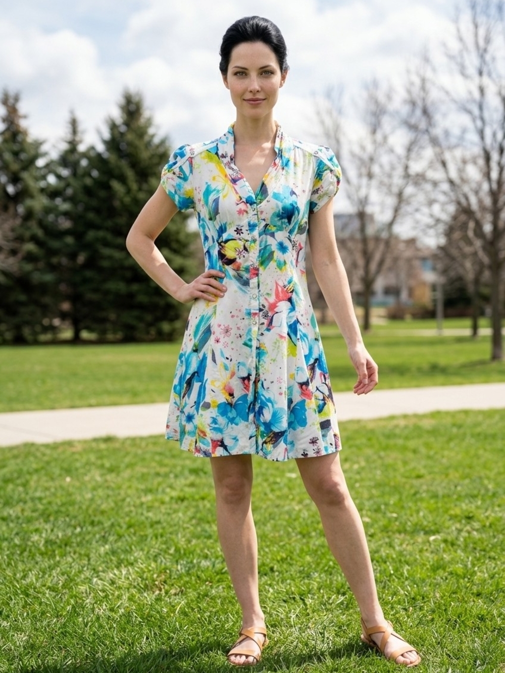 Tricotto Floral Watercolor V-Neck Mini Dress - Blue Multi